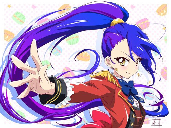Anime picture 2046x1536 with aikatsu! aikatsu stars! kisaragi tsubasa nii manabu single long hair looking at viewer highres signed yellow eyes blue hair upper body ponytail multicolored hair two-tone hair outstretched hand girl sleeve cuffs epaulettes