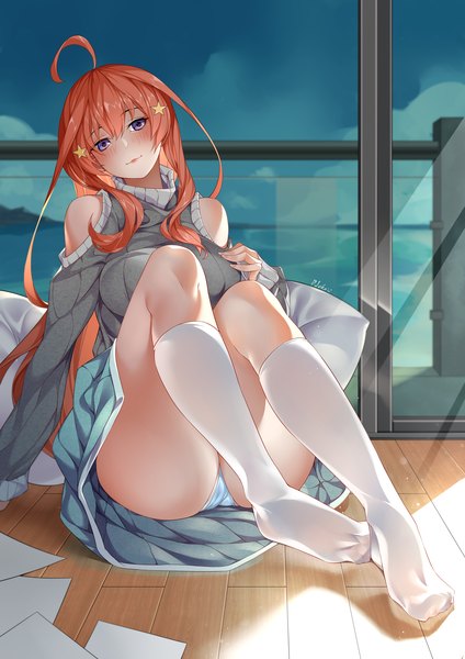 Anime picture 3307x4677 with go-toubun no hanayome nakano itsuki egoist-001 single long hair tall image looking at viewer blush fringe highres blue eyes light erotic sitting signed absurdres full body ahoge bent knee (knees) red hair indoors