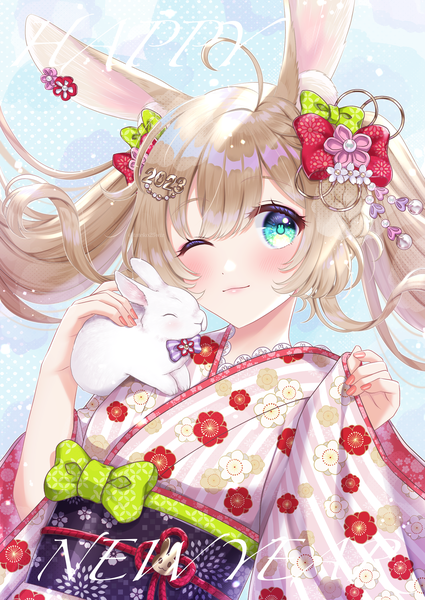 Anime picture 2150x3035 with original tateko25wiz single long hair tall image looking at viewer blush highres blonde hair twintails animal ears upper body ahoge traditional clothes japanese clothes one eye closed wink bunny ears floral print symbol-shaped pupils