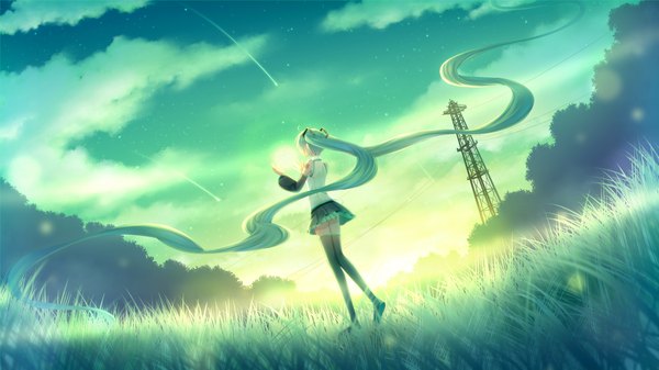 Anime picture 2500x1406 with vocaloid hatsune miku sakakidani single highres wide image standing twintails sky cloud (clouds) full body ahoge outdoors very long hair aqua hair zettai ryouiki floating hair shooting star morning sunrise