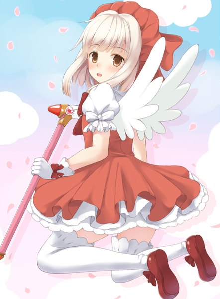 Anime picture 1335x1810 with hidamari sketch shaft (studio) nazuna yosshii (ropichan2) single tall image looking at viewer blush short hair open mouth brown eyes cloud (clouds) white hair cosplay girl thighhighs dress gloves petals white thighhighs