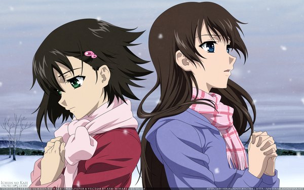 Anime picture 1920x1200 with true tears isurugi noe yuasa hiromi long hair fringe highres short hair open mouth blue eyes brown hair wide image multiple girls green eyes sky looking down snowing looking up winter snow exhalation