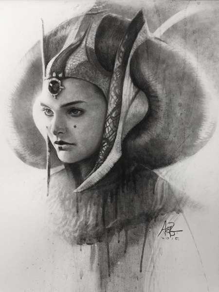 Anime picture 900x1200 with star wars natalie portman padme amidala artgerm (stanley lau) single long hair tall image simple background signed looking away lips realistic facial mark monochrome portrait traditional media 2015 girl headdress jewelry