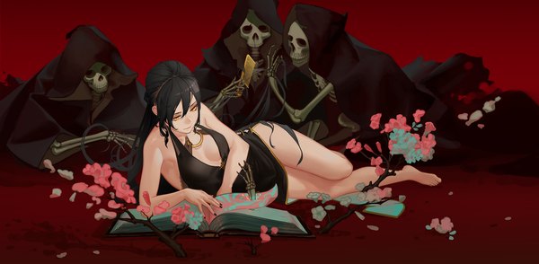 Anime picture 2600x1276 with original zdo-zwei long hair fringe highres breasts light erotic black hair simple background hair between eyes wide image yellow eyes payot looking away full body bent knee (knees) braid (braids) nail polish barefoot fingernails