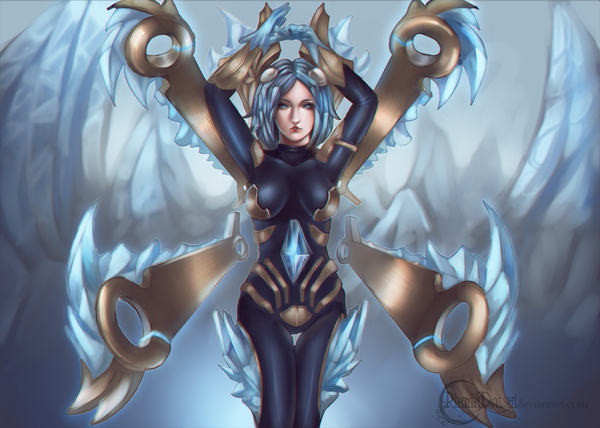 Anime-Bild 2300x1644 mit league of legends irelia (league of legends) rinrindaishi single looking at viewer highres short hair breasts blue eyes standing blue hair lips girl weapon bodysuit