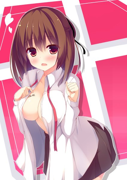 Anime picture 849x1200 with original megarisu single tall image looking at viewer blush short hair breasts light erotic red eyes brown hair open clothes open shirt girl skirt shirt