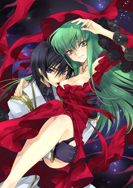 Anime picture 1000x1414 with code geass sunrise (studio) c.c. lelouch lamperouge creayus long hair tall image looking at viewer fringe breasts light erotic black hair purple eyes brown eyes cleavage barefoot green hair night bare legs couple