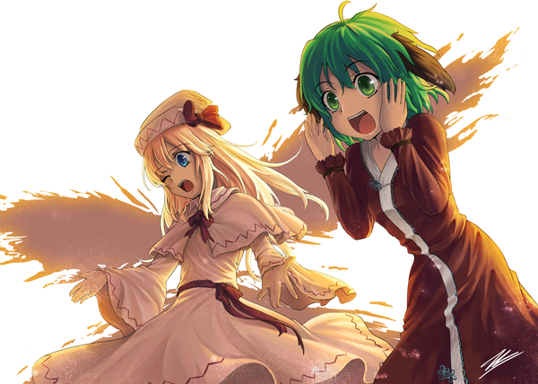Anime picture 1750x1250 with touhou lily white kasodani kyouko freeze-ex long hair highres short hair open mouth blue eyes blonde hair multiple girls green eyes animal ears long sleeves one eye closed green hair wink wide sleeves backlighting girl