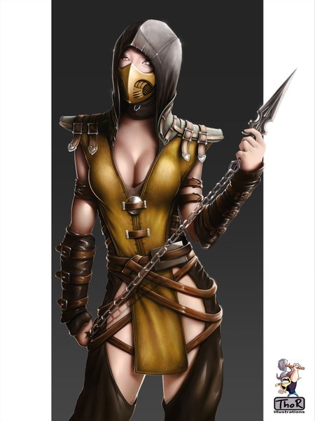 Anime picture 1200x1600 with mortal kombat scorpion (mortal kombat) evilflesh (artist) single tall image looking at viewer breasts light erotic simple background cleavage silver eyes genderswap girl weapon hood chain mask clothes