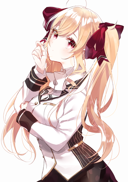 Anime picture 1413x2000 with virtual youtuber nijisanji takamiya rion sinsihukunokonaka single long hair tall image looking at viewer blush simple background blonde hair red eyes white background twintails upper body ahoge hand to mouth girl bow hair bow