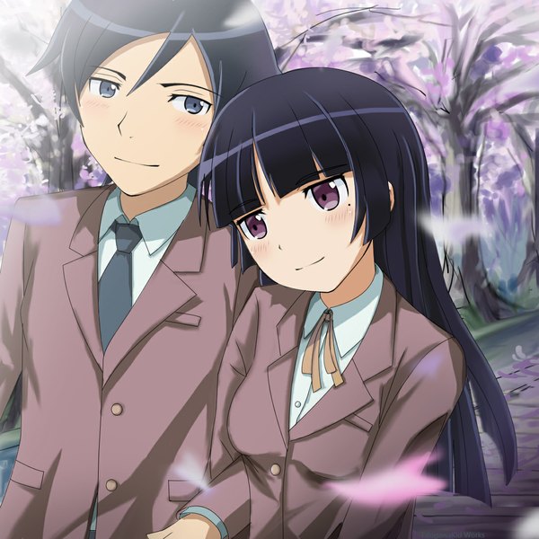 Anime picture 1100x1100 with ore no imouto ga konna ni kawaii wake ga nai gokou ruri kousaka kyousuke edogawakid long hair short hair blue eyes black hair purple eyes couple cherry blossoms girl boy plant (plants) tree (trees) serafuku necktie