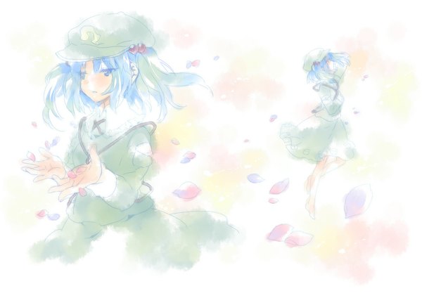 Anime picture 1131x800 with touhou kawashiro nitori ech blue eyes twintails blue hair profile barefoot wind short twintails dual persona girl petals flat cap