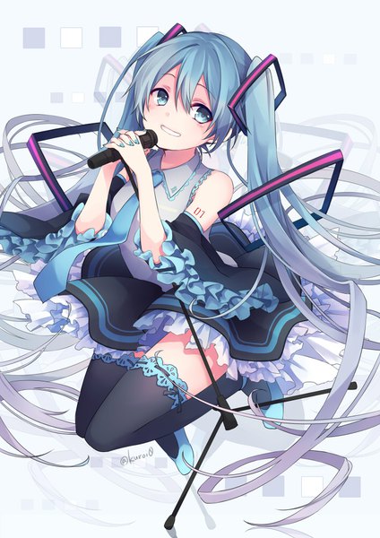 Anime-Bild 706x1000 mit vocaloid hatsune miku kuroi (liar-player) single tall image fringe hair between eyes twintails signed looking away full body very long hair nail polish aqua eyes from above aqua hair twitter username aqua nail polish girl thighhighs