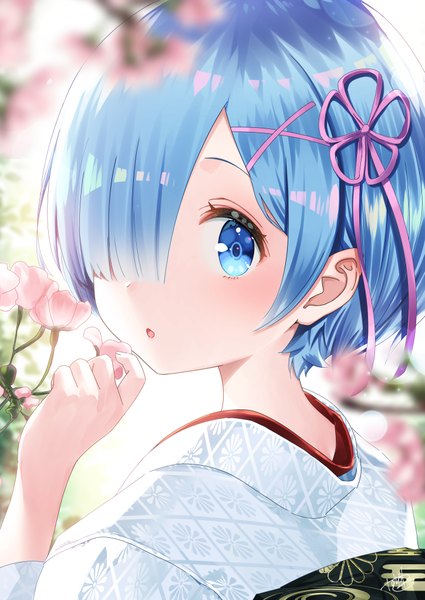 Anime picture 724x1023 with re:zero kara hajimeru isekai seikatsu white fox rem (re:zero) yasuyuki single tall image looking at viewer blush fringe short hair open mouth blue eyes standing signed blue hair upper body traditional clothes japanese clothes looking back blurry