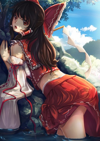 Anime picture 1063x1503 with touhou hakurei reimu sola (sola04) single long hair tall image open mouth black hair red eyes sky cloud (clouds) looking back partially submerged miko girl skirt bow plant (plants) hair bow detached sleeves