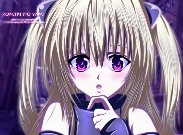 Anime picture 1000x741 with toloveru toloveru darkness xebec konjiki no yami seireiart single long hair blush open mouth blonde hair twintails pink eyes inscription coloring finger to mouth girl
