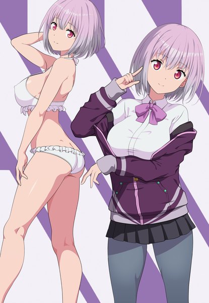 Anime picture 1246x1800 with gridman universe ssss.gridman studio trigger shinjou akane pasya-pasya tall image looking at viewer fringe short hair breasts light erotic simple background hair between eyes large breasts standing pink hair ass head tilt pleated skirt pink eyes