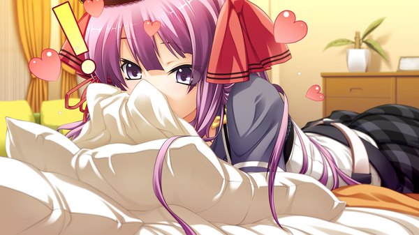 Anime picture 1280x720 with love replica long hair wide image purple eyes game cg purple hair lying girl uniform school uniform heart bed