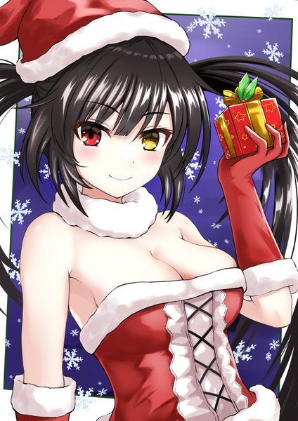 Anime picture 1447x2047 with date a live tokisaki kurumi suzuki (white-world) single long hair tall image looking at viewer blush fringe breasts light erotic black hair smile red eyes large breasts twintails holding yellow eyes cleavage upper body