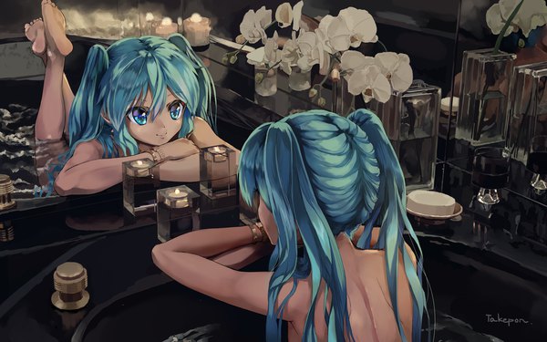 Anime picture 2000x1252 with vocaloid hatsune miku takepon1123 single long hair fringe highres blue eyes light erotic hair between eyes twintails signed bent knee (knees) lying aqua hair reflection on stomach girl flower (flowers) water
