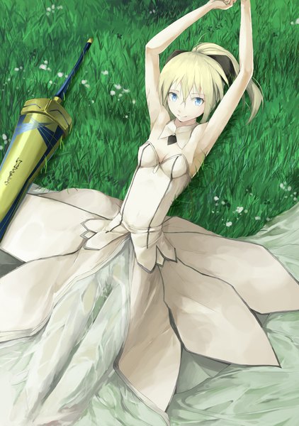 Anime picture 1386x1969 with fate (series) fate/stay night fate/unlimited codes studio deen type-moon artoria pendragon (all) saber saber lily solru (tyappygain) single long hair tall image looking at viewer breasts blue eyes blonde hair smile bare shoulders ponytail lying
