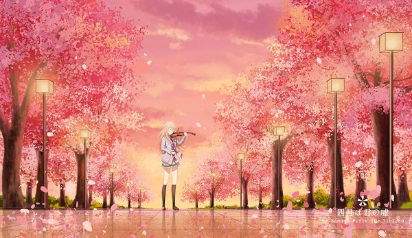 Anime picture 1200x695 with shigatsu wa kimi no uso a-1 pictures miyazono kaori sanaa single long hair blush blonde hair smile wide image standing holding sky cloud (clouds) ahoge outdoors eyes closed pleated skirt cherry blossoms evening