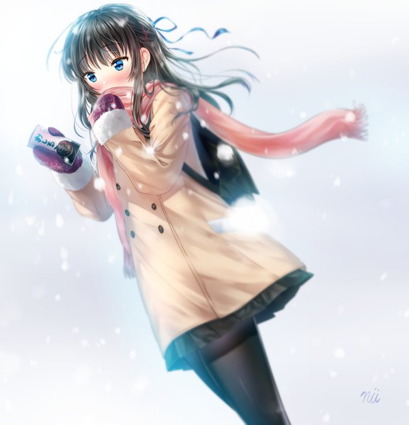 Anime picture 3342x3472 with original ainili (artist) single long hair tall image blush highres blue eyes black hair signed looking away absurdres outdoors wind snowing covered mouth girl ribbon (ribbons) hair ribbon pantyhose