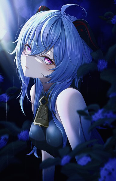 Anime picture 1800x2800 with genshin impact ganyu (genshin impact) nisikm single long hair tall image looking at viewer blush fringe highres hair between eyes purple eyes blue hair upper body ahoge outdoors horn (horns) bell collar girl bell