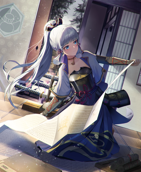 Anime picture 4116x5000 with genshin impact kamisato ayaka box (bagsang59049289) single long hair tall image fringe highres blue eyes smile looking away absurdres silver hair full body ponytail indoors blunt bangs mole dutch angle mole under eye