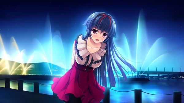 Anime picture 2194x1234 with pretty x cation 2 hibiki works himekawa honami single long hair looking at viewer blush highres open mouth black hair red eyes wide image game cg girl dress fountain