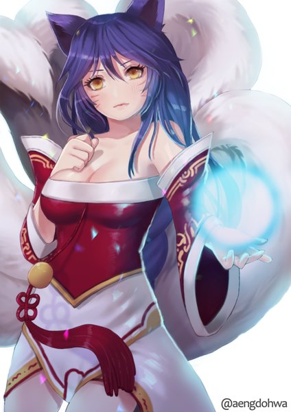 Anime picture 707x1000 with league of legends ahri (league of legends) hanato (seonoaiko) single long hair tall image looking at viewer blush fringe breasts simple background standing white background signed animal ears yellow eyes cleavage purple hair tail head tilt