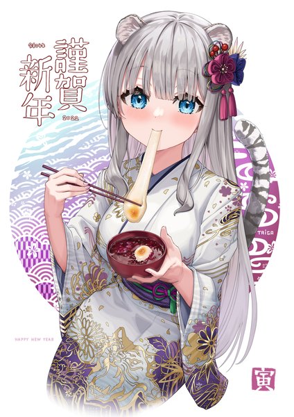 Anime picture 2026x2865 with original taiga (ryukyu-6102-8) single long hair tall image fringe highres blue eyes white background holding animal ears tail blunt bangs traditional clothes japanese clothes animal tail grey hair mouth hold eating new year