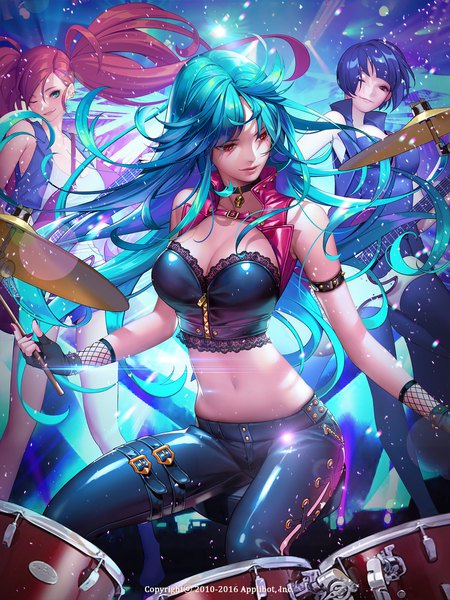 Anime picture 1500x2000 with joker ~gang road~ soo kyung oh long hair tall image short hair breasts smile red eyes large breasts standing sitting twintails purple eyes multiple girls holding blue hair cleavage red hair head tilt one eye closed