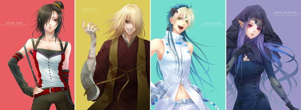 Anime picture 1907x700 with mugen no fantasia silver rain laise nephlart sarisa vostrotina kashima shiga kiryu agito yoshiyuki asajima long hair fringe open mouth simple background blonde hair smile brown hair wide image standing bare shoulders multiple girls brown eyes green eyes