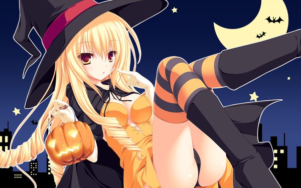 Anime picture 1920x1200 with 77 whirlpool (studio) koshimizu rin mikagami mamizu highres light erotic wide image cleavage cameltoe pantyshot sitting halloween witch girl thighhighs underwear panties striped thighhighs