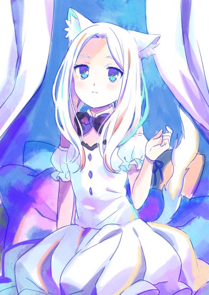 Anime picture 752x1062 with original shati single long hair tall image blue eyes animal ears white hair tail animal tail cat ears cat girl cat tail shaded face pale skin girl dress detached sleeves white dress detached collar