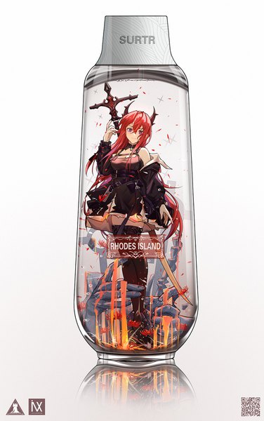 Anime picture 1080x1723 with arknights surtr (arknights) yuuki mix single long hair tall image looking at viewer fringe simple background hair between eyes red eyes white background full body red hair horn (horns) character names reflection lava in bottle girl