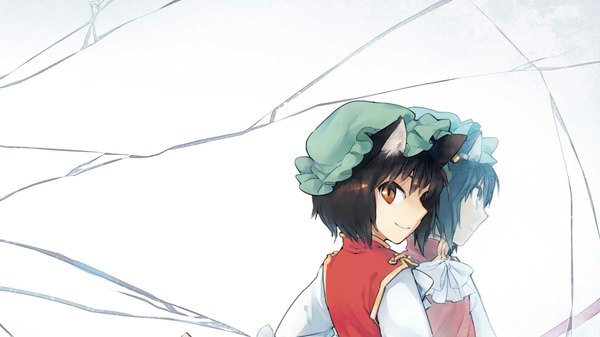 Anime picture 1920x1080 with touhou chen single highres short hair black hair simple background smile wide image brown eyes animal ears looking back cat ears reflection girl bonnet