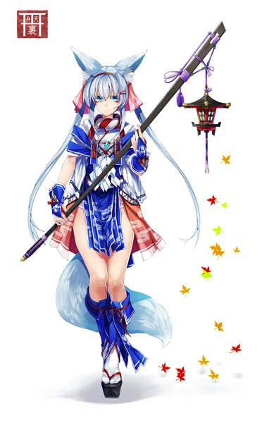 Anime picture 709x1142 with original ruuto (sorufu) single long hair tall image blue eyes white background twintails animal ears blue hair tail traditional clothes japanese clothes animal tail fox ears fox tail girl hair ornament hairband hairclip