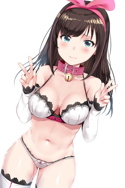 Anime-Bild 5000x7500 mit virtual youtuber a.i. channel kizuna ai hews single long hair tall image looking at viewer blush fringe highres breasts light erotic simple background brown hair large breasts standing white background bare shoulders payot