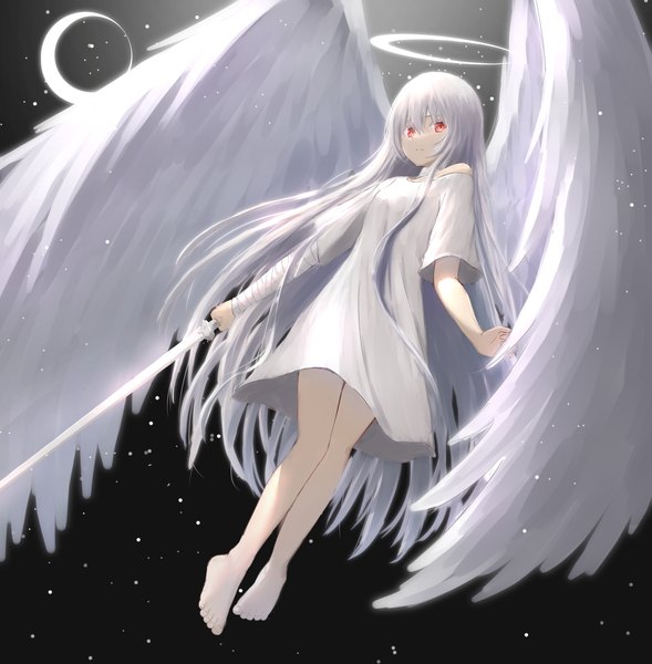 Anime picture 2866x2918 with original tokano 56 single tall image looking at viewer fringe highres hair between eyes red eyes holding full body white hair very long hair barefoot off shoulder wide sleeves flying angel wings white wings angel