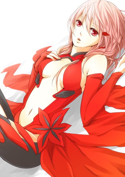 Anime picture 859x1213 with guilty crown production i.g yuzuriha inori yoma (pixiv) single long hair tall image looking at viewer breasts open mouth light erotic simple background red eyes white background pink hair lying center opening girl gloves navel