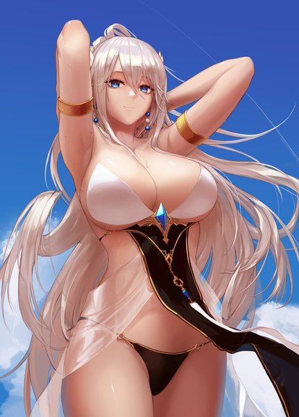 Anime picture 4488x6239 with dungeon and fighter female gunner (dungeon and fighter) monaim single long hair tall image looking at viewer fringe highres breasts blue eyes light erotic hair between eyes large breasts standing payot absurdres sky cloud (clouds) outdoors