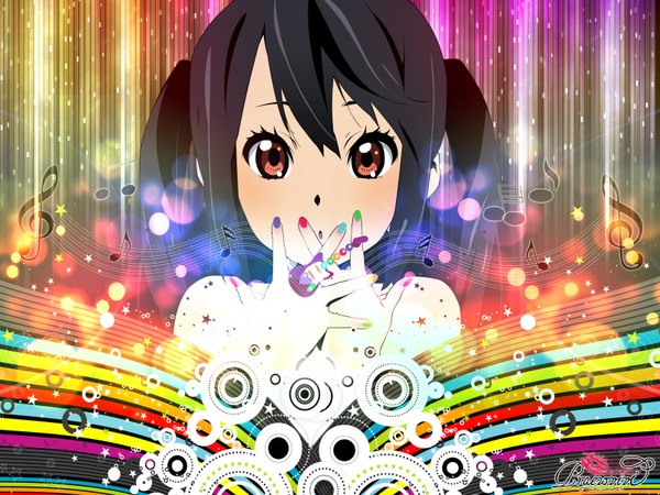 Anime picture 1600x1200 with k-on! kyoto animation nakano azusa kakifly single long hair looking at viewer black hair red eyes twintails nail polish short twintails girl musical note rainbow