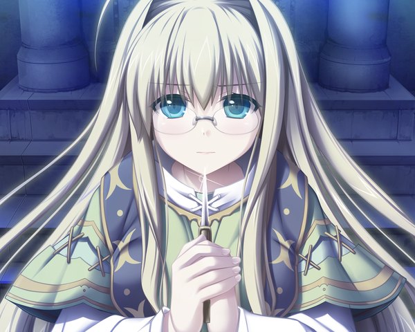 Anime picture 1280x1024 with tenbin no la dea eushully single long hair looking at viewer blue eyes blonde hair game cg girl dress weapon glasses dagger