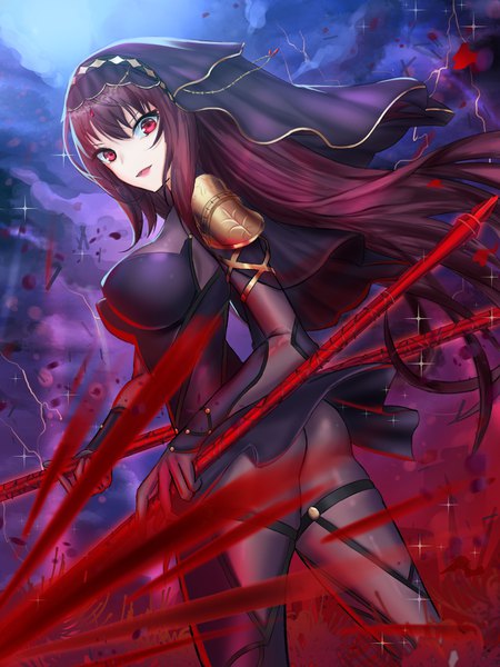 Anime picture 3000x4000 with fate (series) fate/grand order scathach (fate) (all) scathach (fate) twit eg0 single long hair tall image looking at viewer fringe highres breasts open mouth light erotic hair between eyes red eyes standing holding sky purple hair