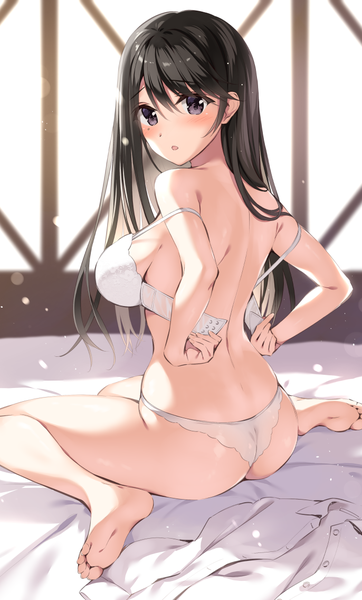 Anime picture 686x1135 with original oryou single long hair tall image looking at viewer blush fringe breasts open mouth light erotic black hair hair between eyes sitting bare shoulders full body ass indoors looking back barefoot