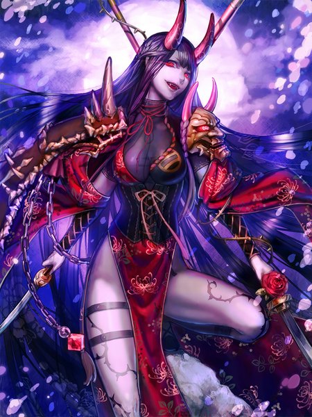 Anime picture 750x1000 with sengoku saga yamada rokkaku single tall image looking at viewer fringe open mouth smile red eyes holding cleavage purple hair very long hair horn (horns) teeth fang (fangs) legs glowing floral print side slit