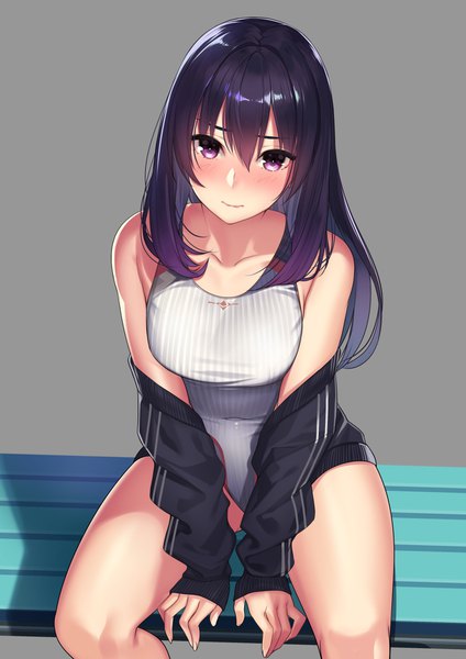 Anime picture 1251x1770 with original kagematsuri single long hair tall image blush fringe breasts light erotic simple background hair between eyes large breasts sitting purple eyes bare shoulders purple hair off shoulder grey background open jacket covered navel