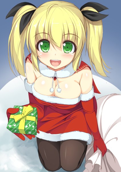 Anime picture 1736x2456 with original kageira single long hair tall image blush highres open mouth light erotic blonde hair twintails green eyes cleavage christmas girl gloves elbow gloves red gloves